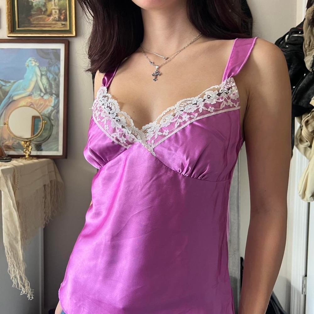 90265 Y2K Purple Lace Cami Tank Top White Trim Fairycore Boho Small - Picture 4 of 5
